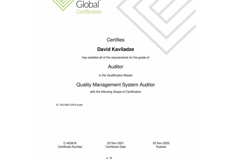 Certified Auditor In Quality Management Systems ISO 9001:2015
